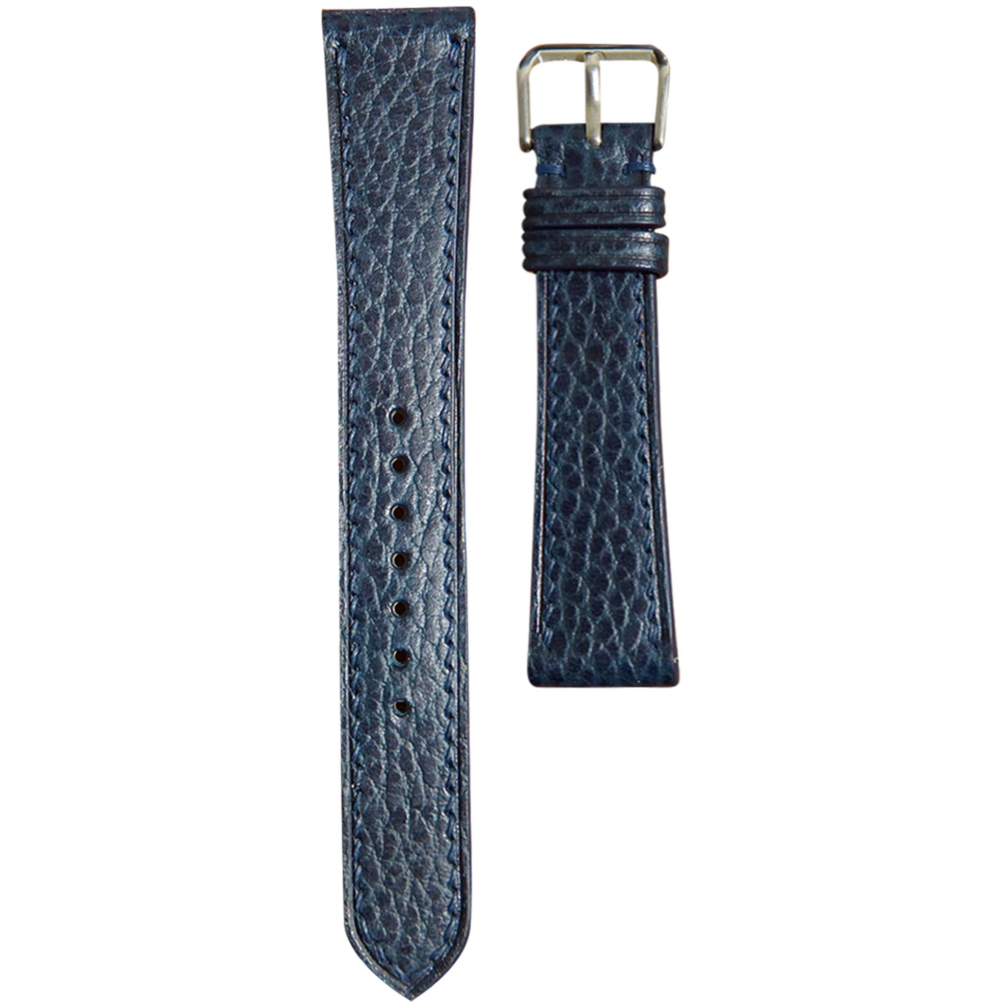 Navy Dollaro leather watch strap with matching stitching and silver buckle, flat lay.