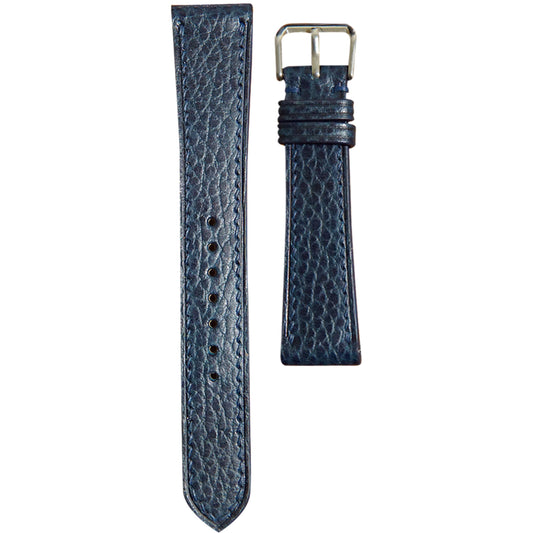 Navy Dollaro leather watch strap with matching stitching and silver buckle, flat lay.