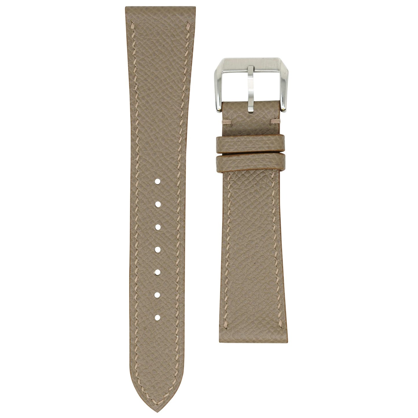 Taupe Epsom leather watch strap with matching stitching and a silver buckle, flat lay.