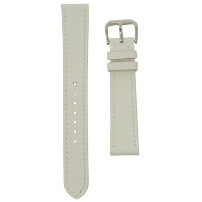 White Epsom leather watch strap with white stitching and silver buckle, flat lay.