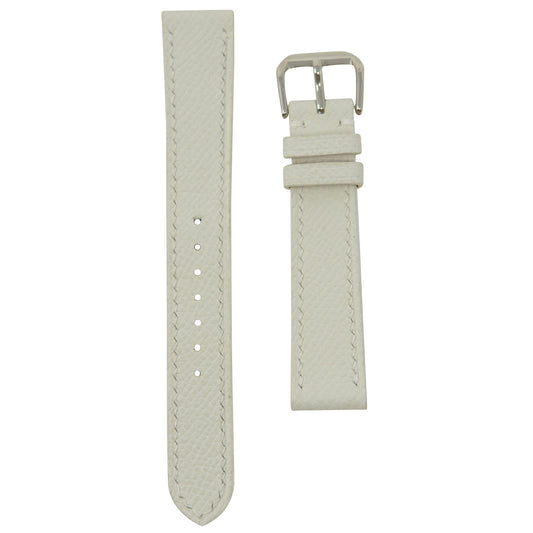 White Epsom leather watch strap with white stitching and silver buckle, flat lay.