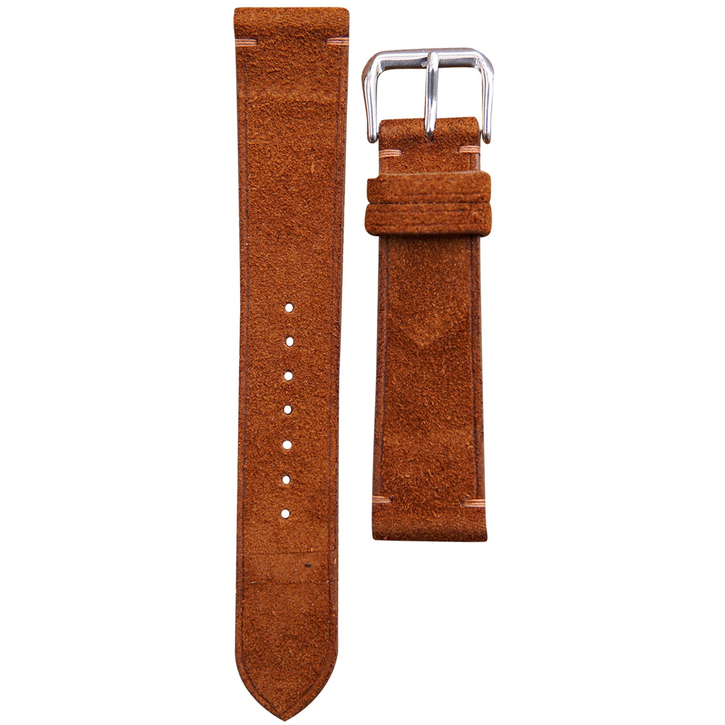 Dark brown suede leather watch strap with light stitching and silver buckle, flat lay.