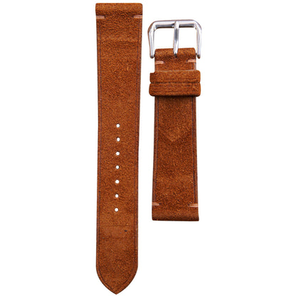 Dark brown suede leather watch strap with light stitching and silver buckle, flat lay.