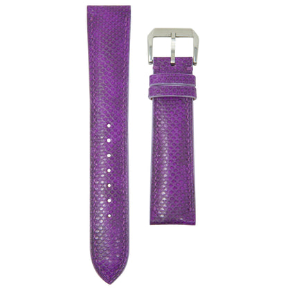 Purple Karung snake skin leather watch strap with silver buckle, flat lay.