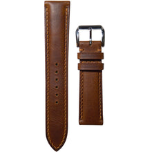 Load image into Gallery viewer, Cognac Badalassi Wax leather watch strap with light brown stitching and silver buckle, flat lay.
