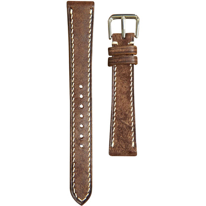 Maya T Moro brown leather watch strap with white stitching and silver buckle, flat lay.
