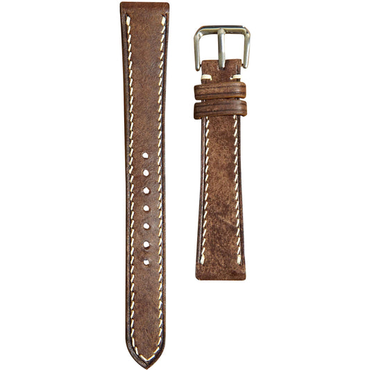 Maya T Moro brown leather watch strap with white stitching and silver buckle, flat lay.