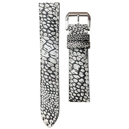 Gray ostrich leg stonewash leather watch strap with white stitching and silver buckle, flat lay.