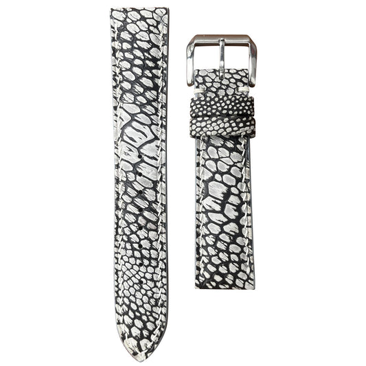 Gray ostrich leg stonewash leather watch strap with white stitching and silver buckle, flat lay.