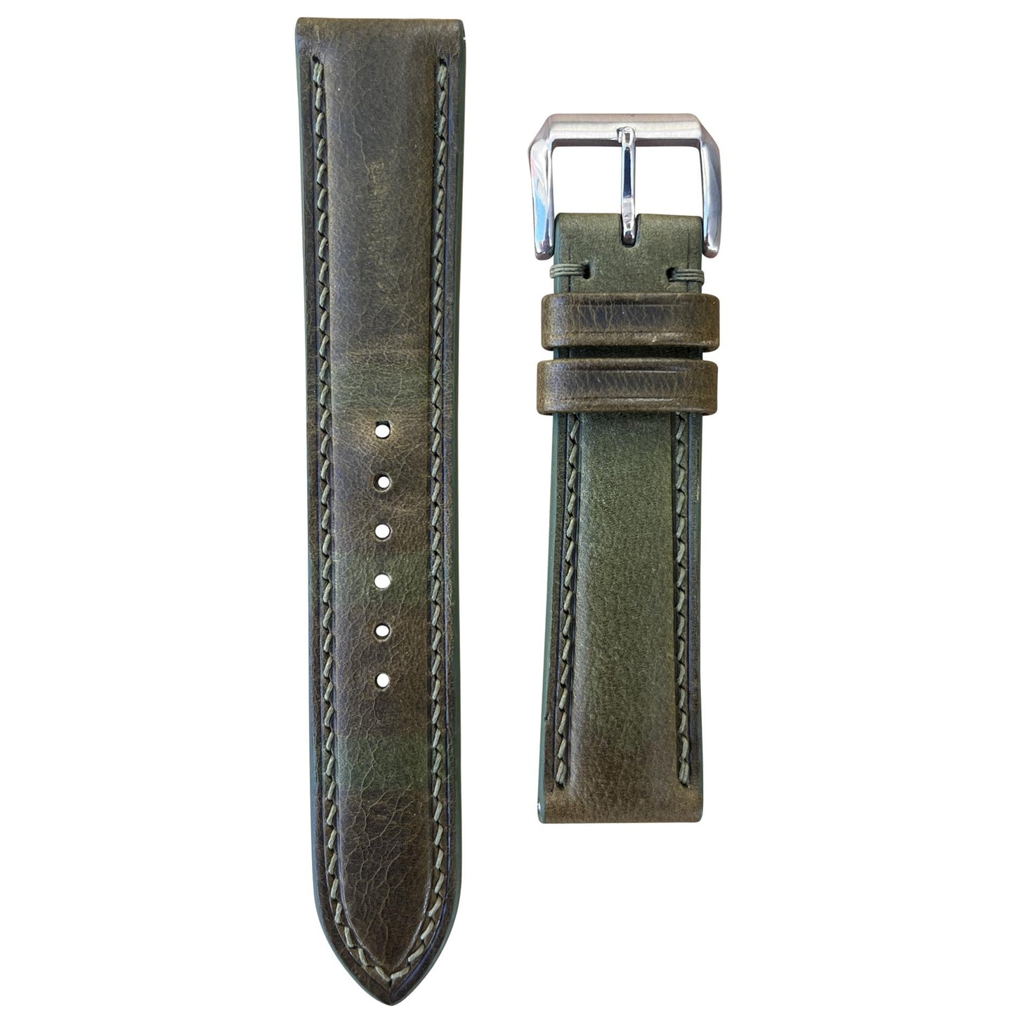Olive green Badalassi Wax leather watch strap with light stitching and silver buckle, flat lay.