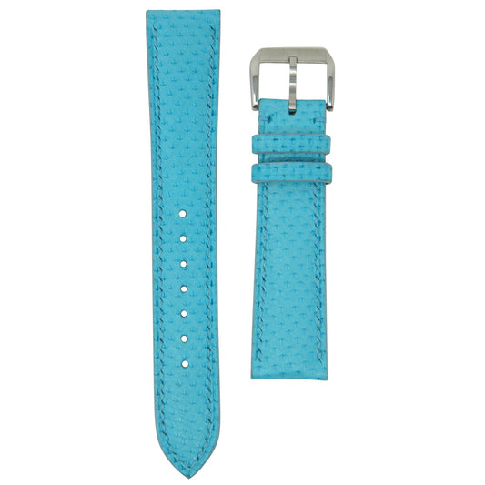 Tiffany Blue Karung snake skin leather watch strap with matching stitching and a silver buckle, flat lay.