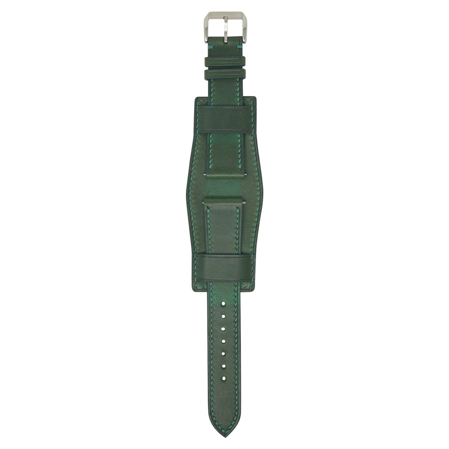 Green leather watch strap, Bund style, with matching stitching and a silver buckle, flat lay.