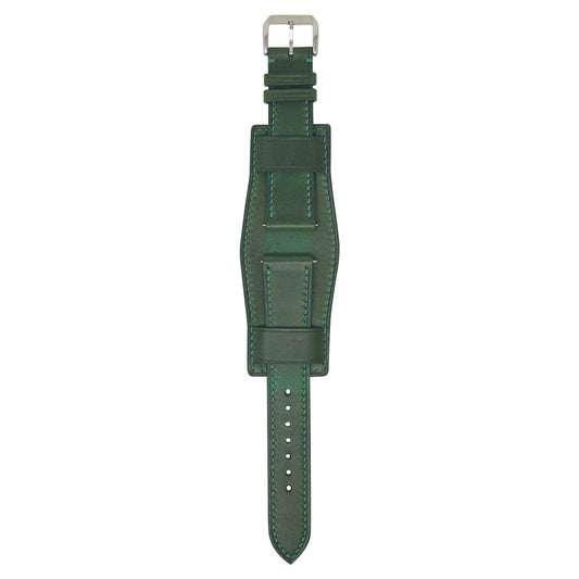 Green leather watch strap, Bund style, with matching stitching and a silver buckle, flat lay.