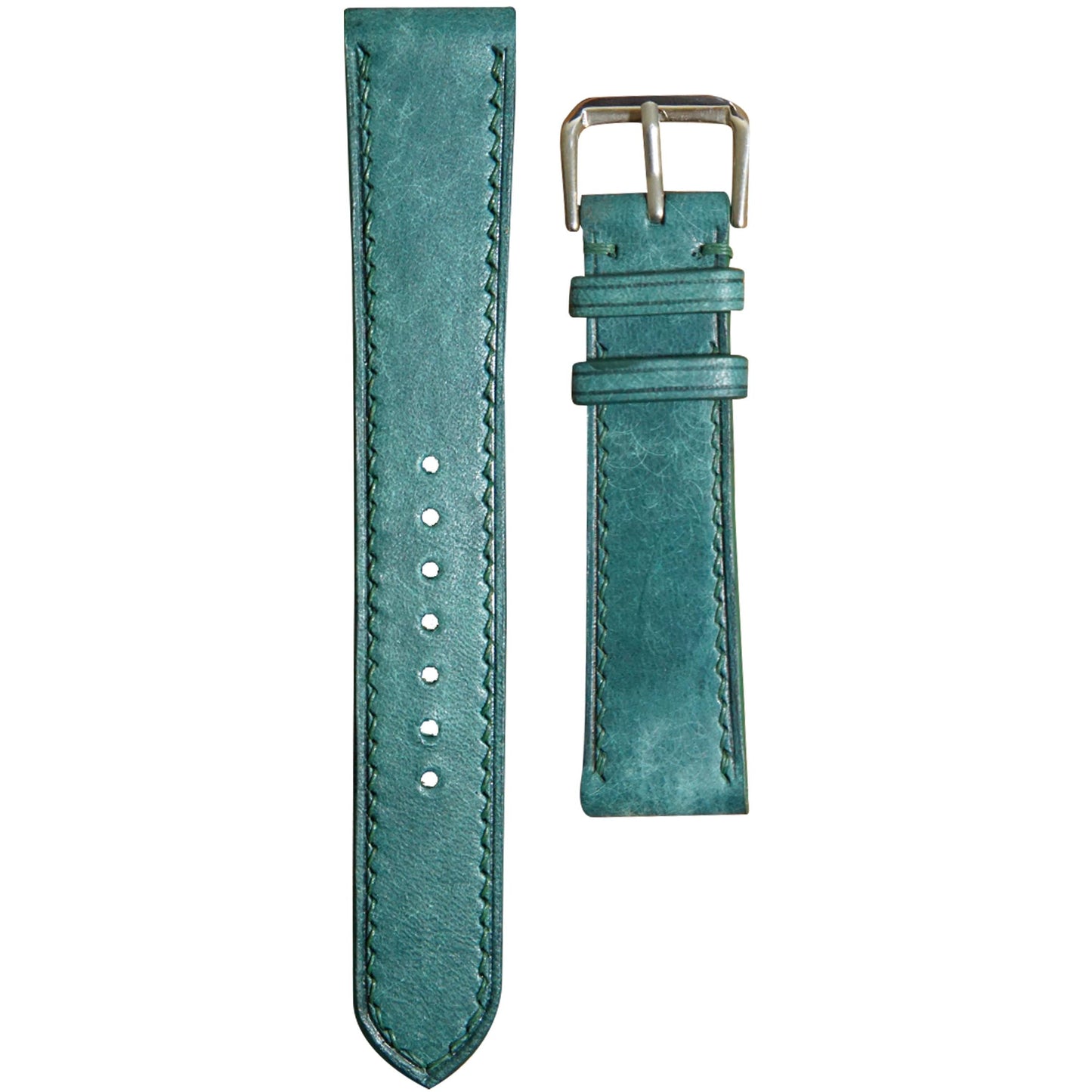 Turquoise Maya leather watch strap with matching stitching and a silver buckle, flat lay.