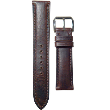 Dark brown Badalassi Wax leather watch strap with matching stitching and silver buckle, flat lay.