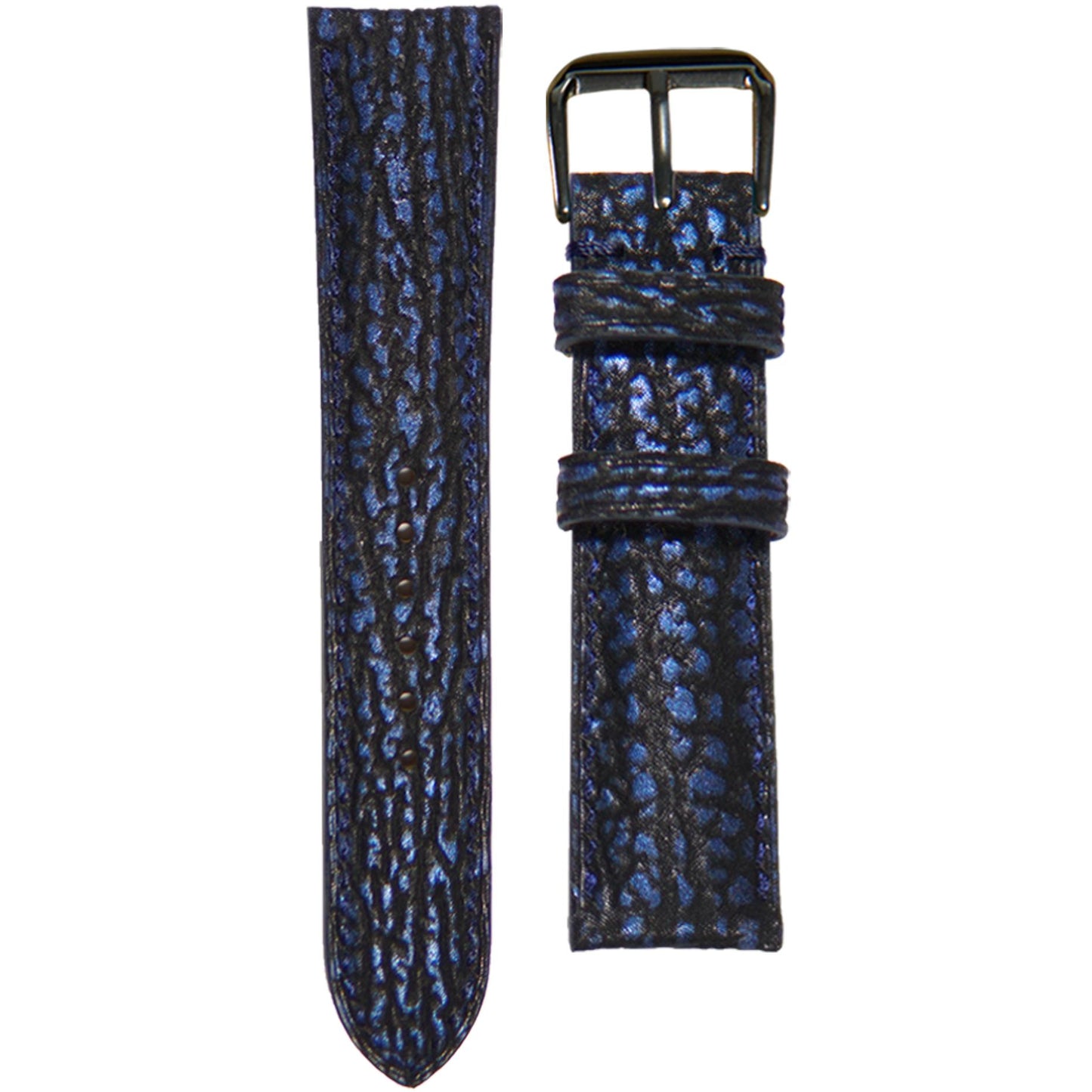 Blue shark skin leather watch strap with black buckle, flat lay.