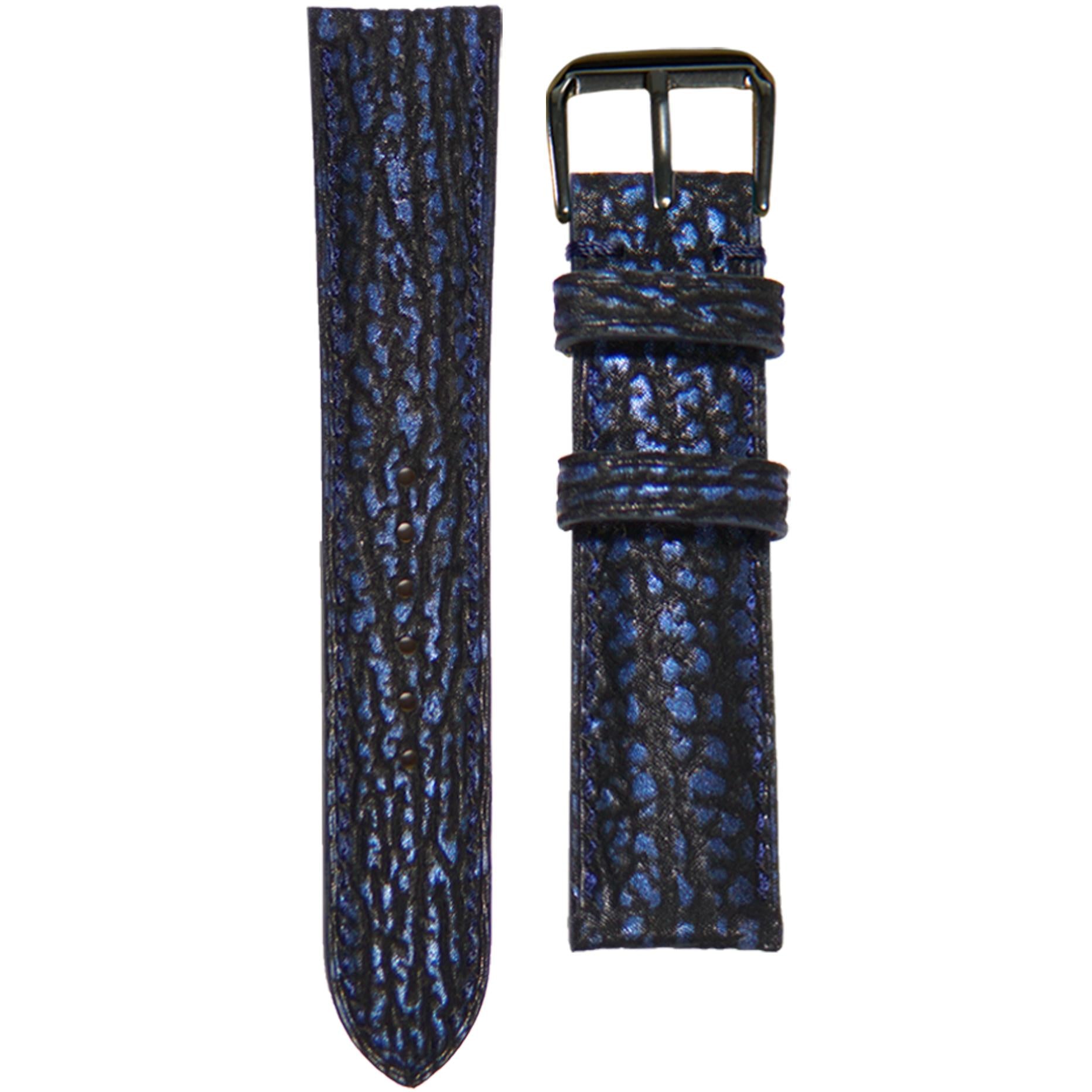Blue shark skin leather watch strap with black buckle, flat lay.