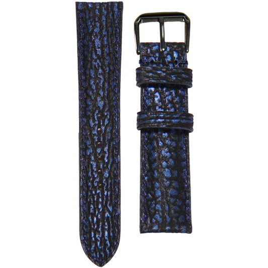 Blue shark skin leather watch strap with black buckle, flat lay.