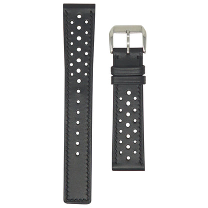 Black perforated racing leather watch strap with silver buckle, flat lay.