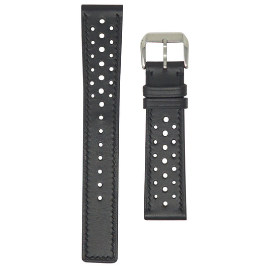 Black perforated racing leather watch strap with silver buckle, flat lay.