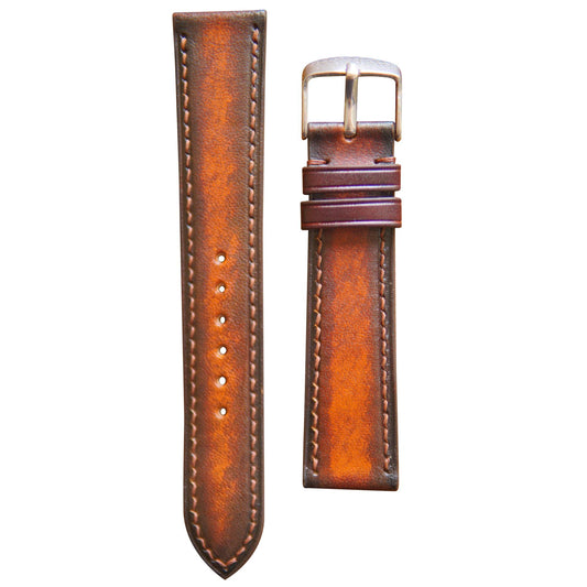 Patina leather watch strap, Style 3, with brown leather and light brown stitching, flat lay.