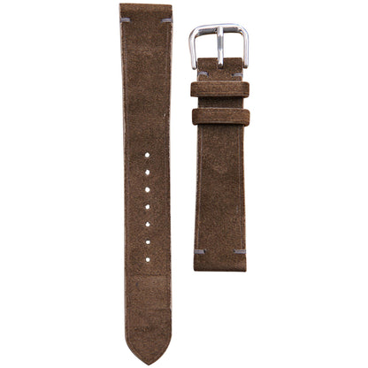 Dark gray suede leather watch strap with light stitching and silver buckle, flat lay.