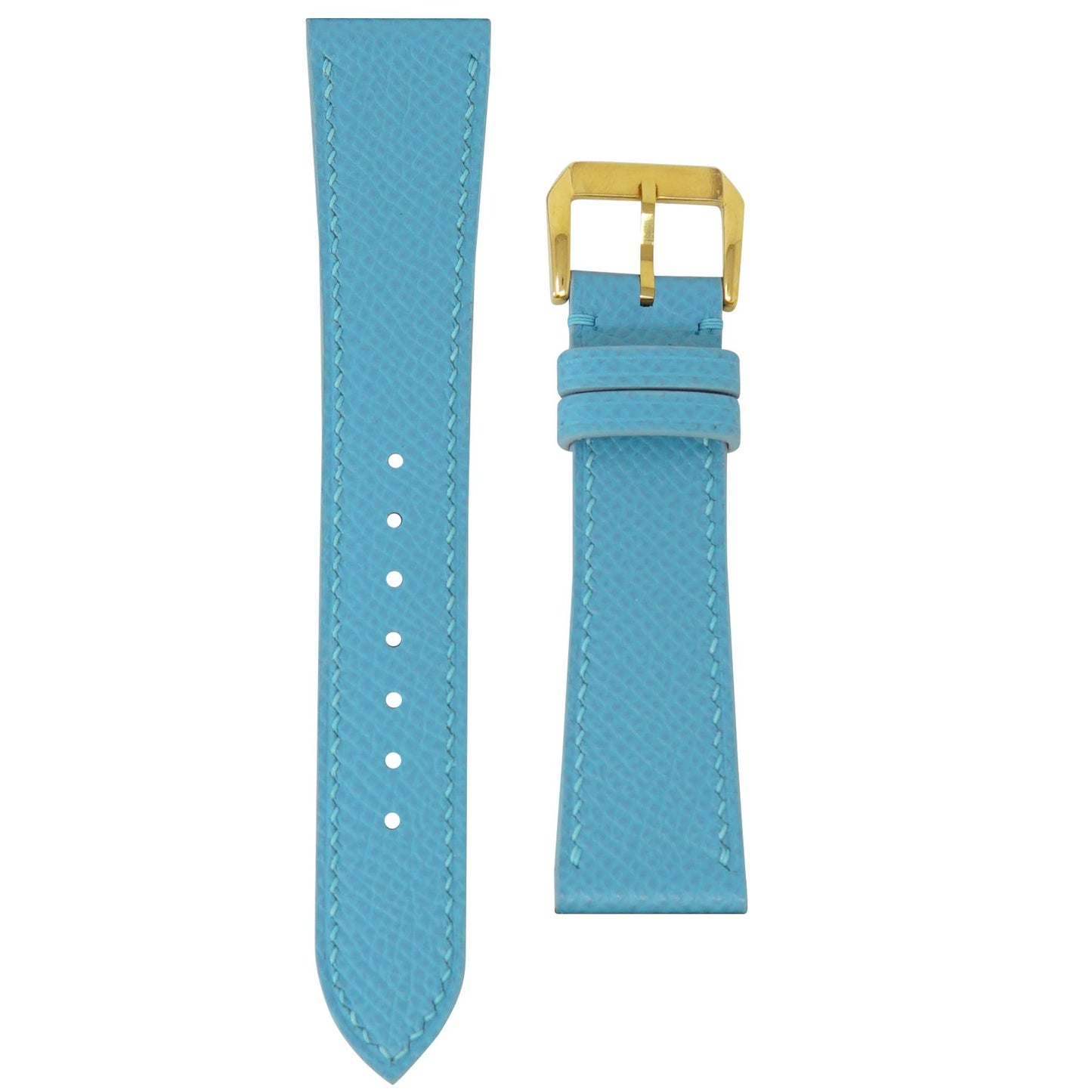 Baby blue Epsom leather watch strap with matching stitching and a gold buckle, flat lay.
