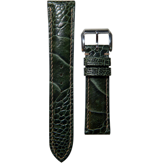 Moss green ostrich leg leather watch strap with light stitching and silver buckle, flat lay.