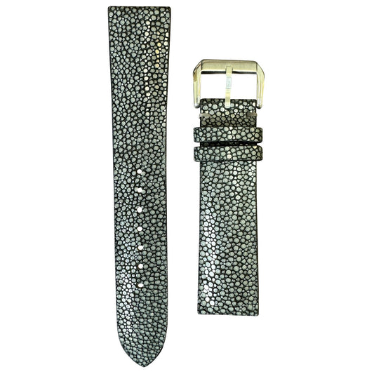 Gray stingray leather watch strap with silver buckle, flat lay.
