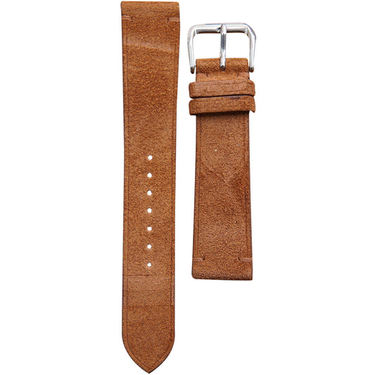 Whisky suede leather watch strap with a silver buckle, flat lay.