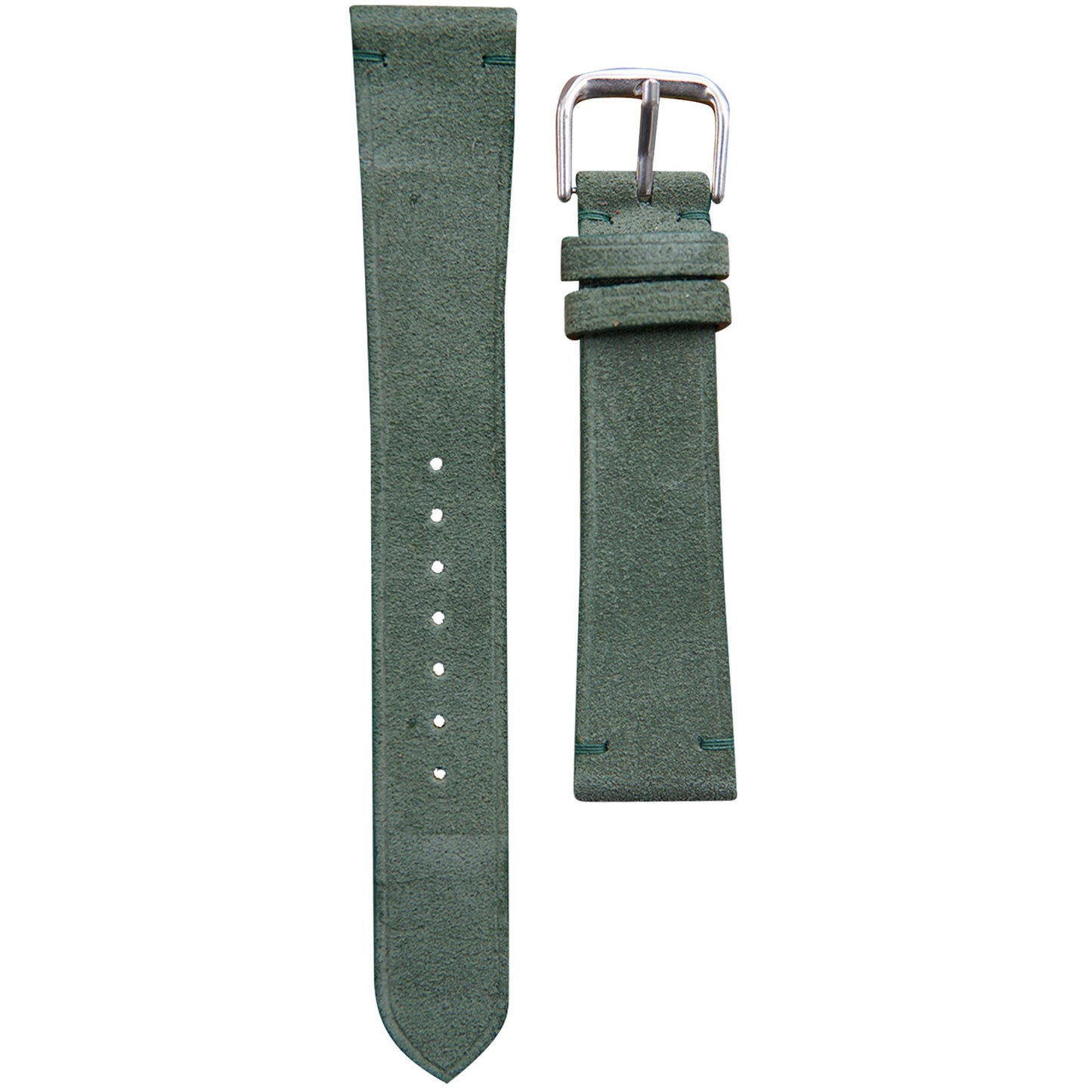 Flat lay of a green suede leather watch strap with a silver buckle and matching green stitching.