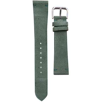 Flat lay of a green suede leather watch strap with a silver buckle and matching green stitching.