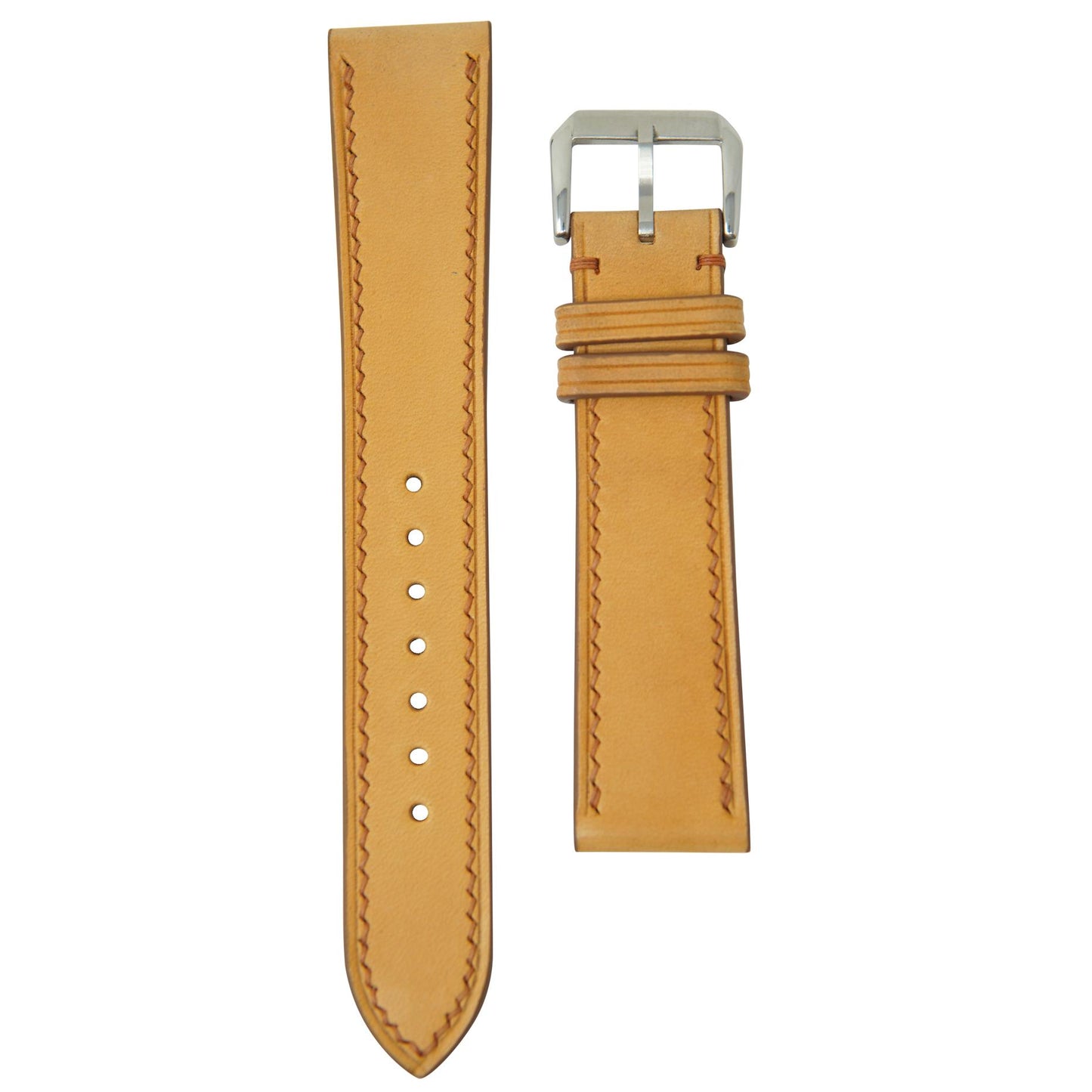 Natural Buttero leather watch strap with matching stitching and silver buckle, flat lay.