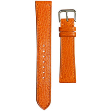Load image into Gallery viewer, Orange Dollaro leather watch strap with matching stitching and silver buckle, flat lay.
