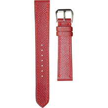 Load image into Gallery viewer, Red Epsom leather watch strap with matching red stitching and a silver buckle, flat lay.
