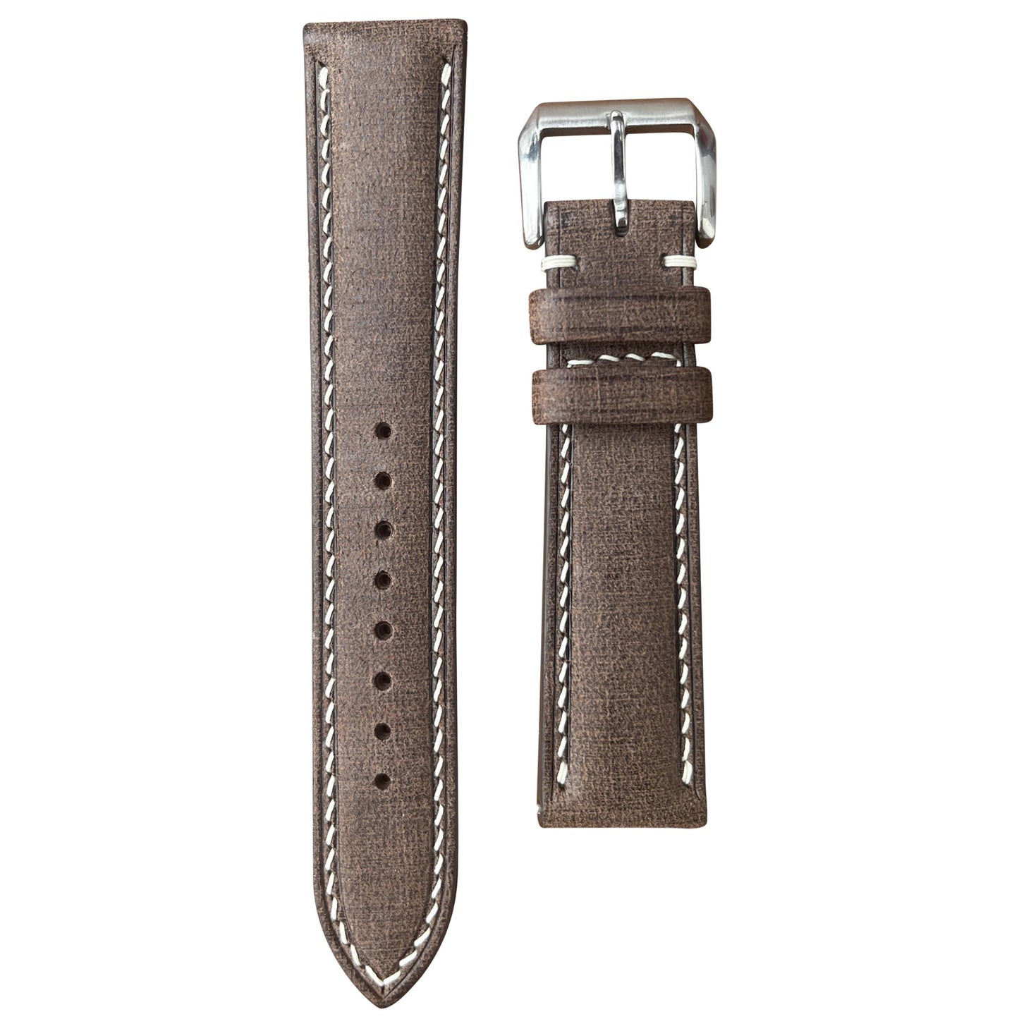 Babele T-Moro linen leather watch strap with white stitching and silver buckle, flat lay.