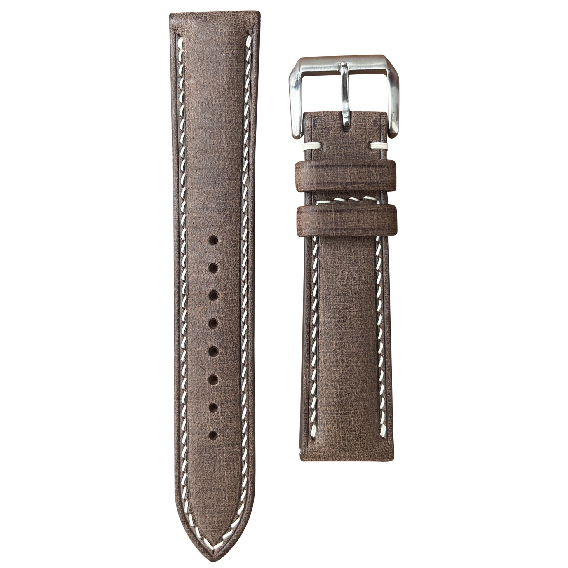 Babele T-Moro linen leather watch strap with white stitching and silver buckle, flat lay.
