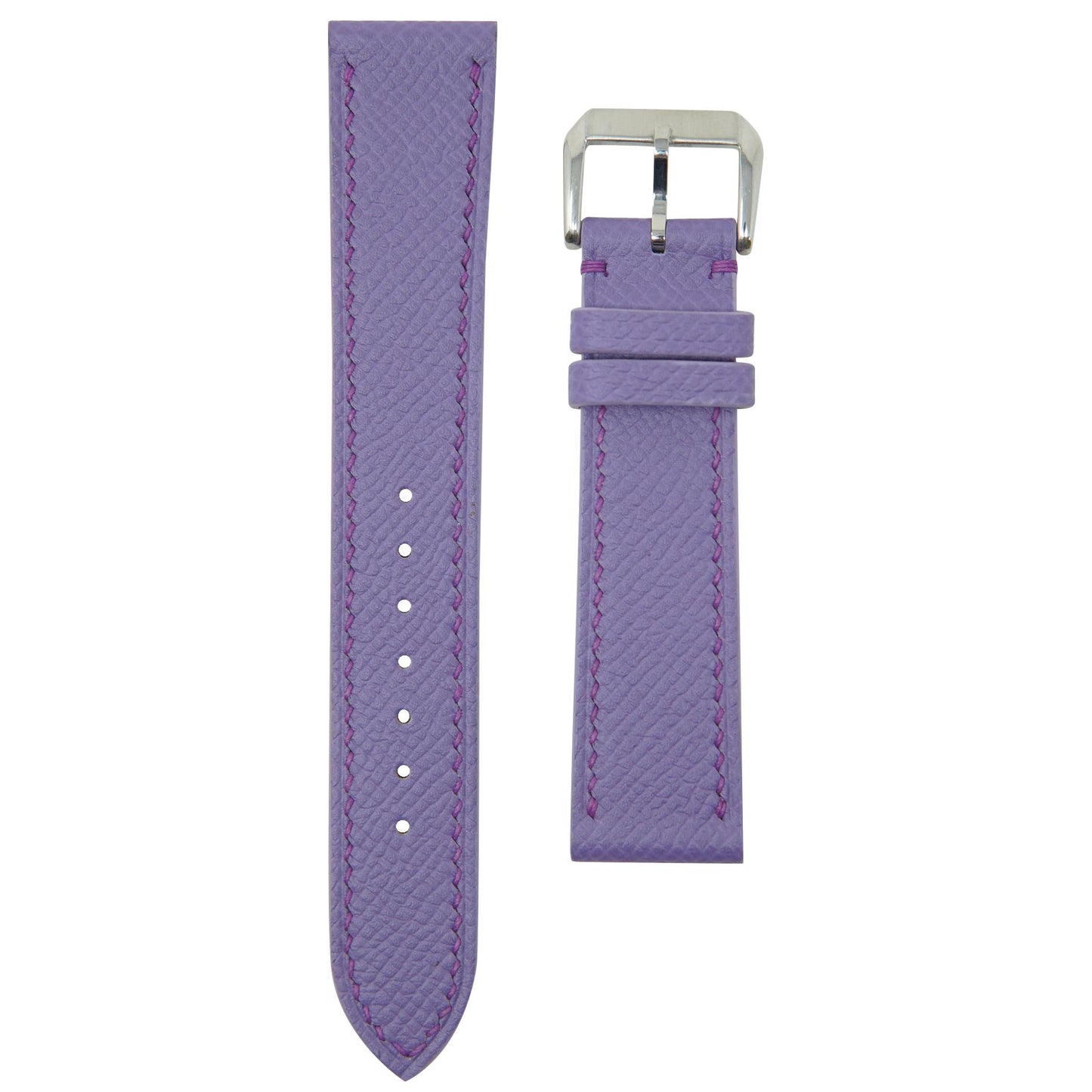 Purple Epsom leather watch strap with purple stitching and a silver buckle, flat lay.