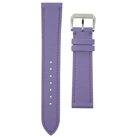 Purple Epsom leather watch strap with purple stitching and a silver buckle, flat lay.