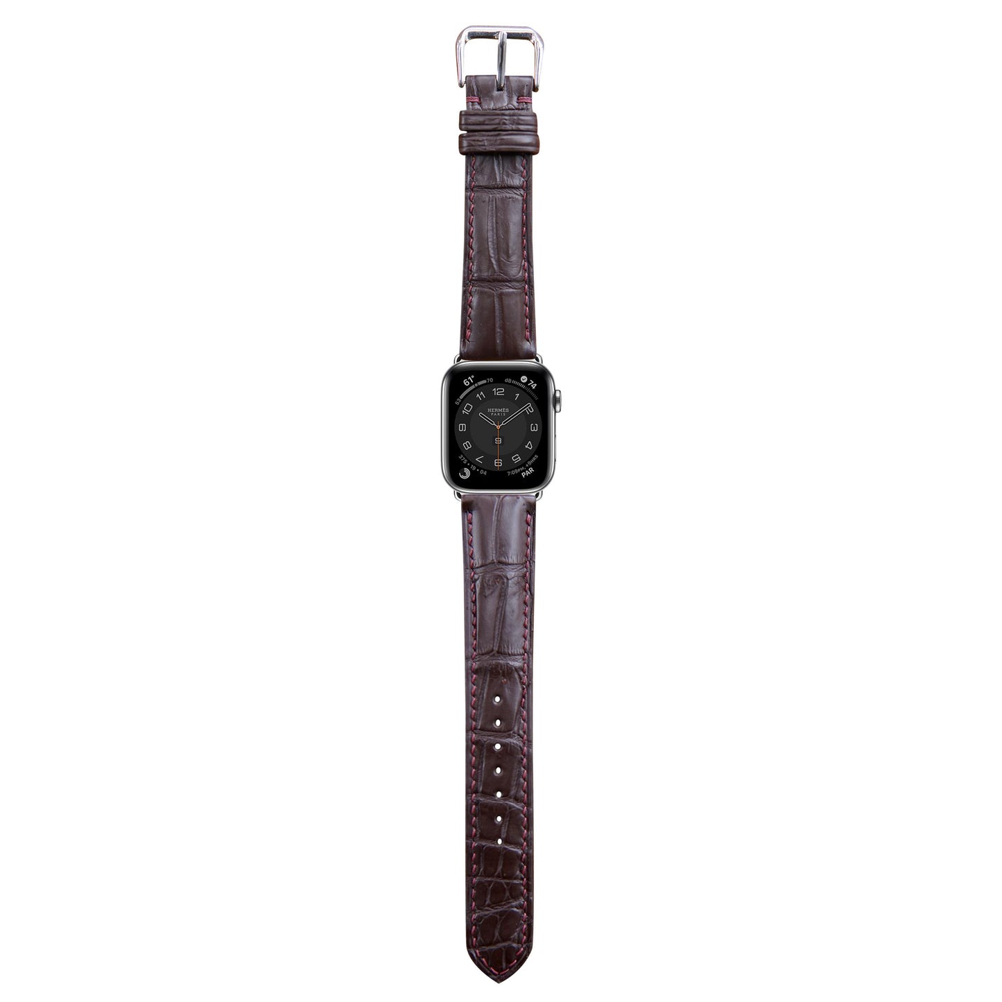 Brown crocodile leather watch strap with red stitching and silver buckle, flat lay.