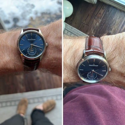 Two fitted views of an oxblood brown crocodile leather watch strap on a blue-dial Jaeger-LeCoultre watch.