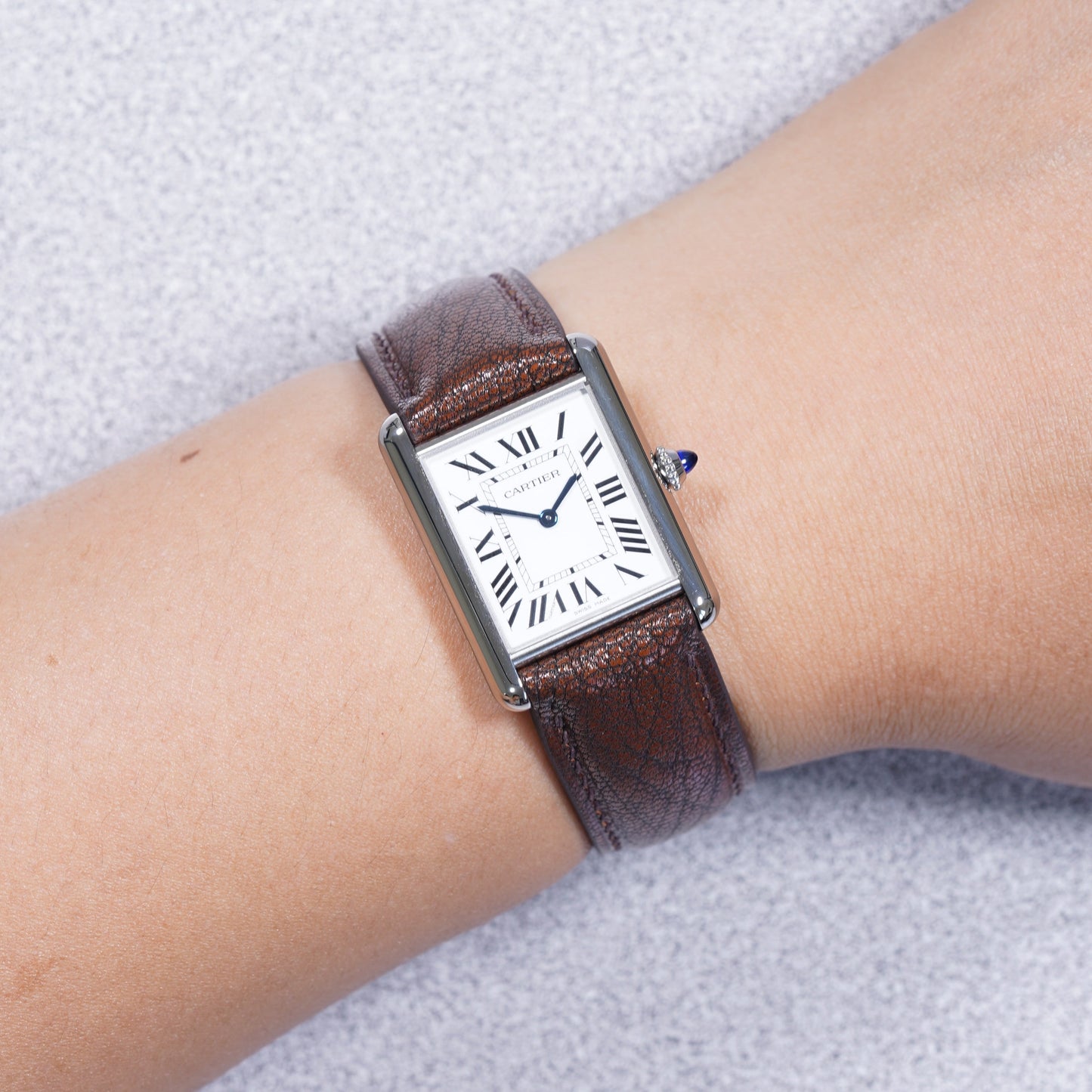 Cartier Tank Must with a patchouli brown Alran Patnat goat leather strap by VGreen