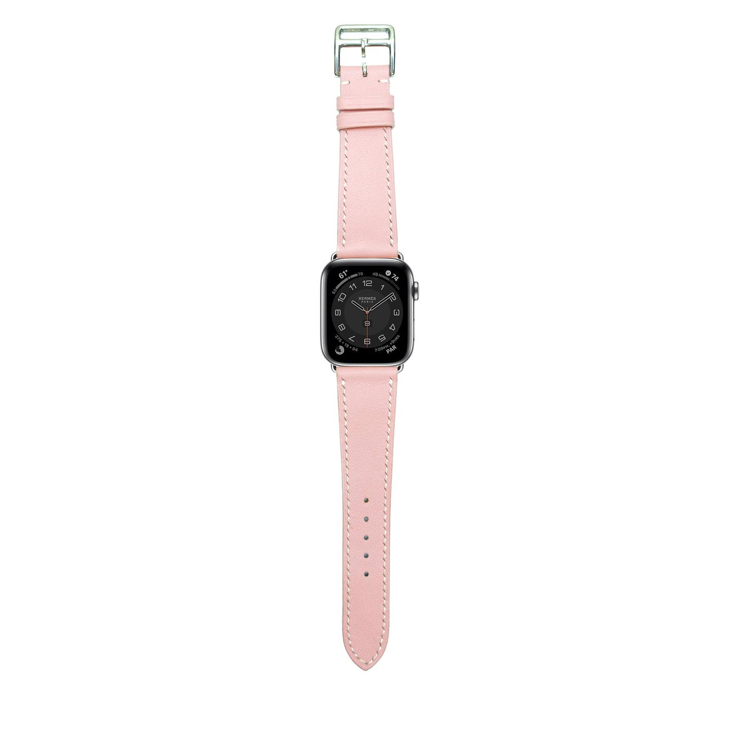 Pink Swift leather watch strap with white stitching and silver buckle, flat lay.