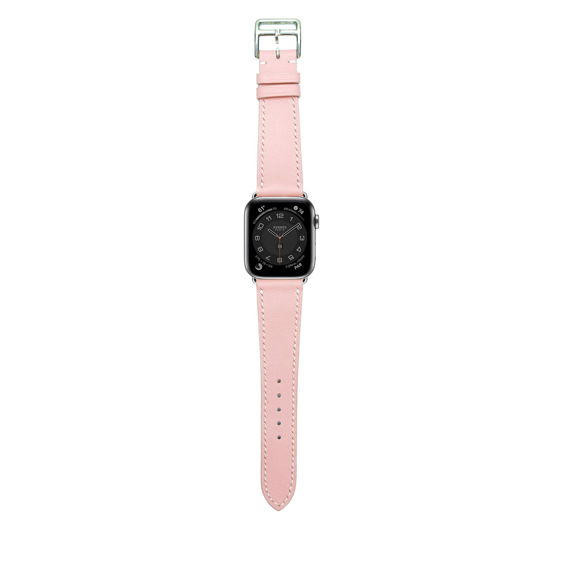 Pink Swift leather watch strap with white stitching and silver buckle, flat lay.