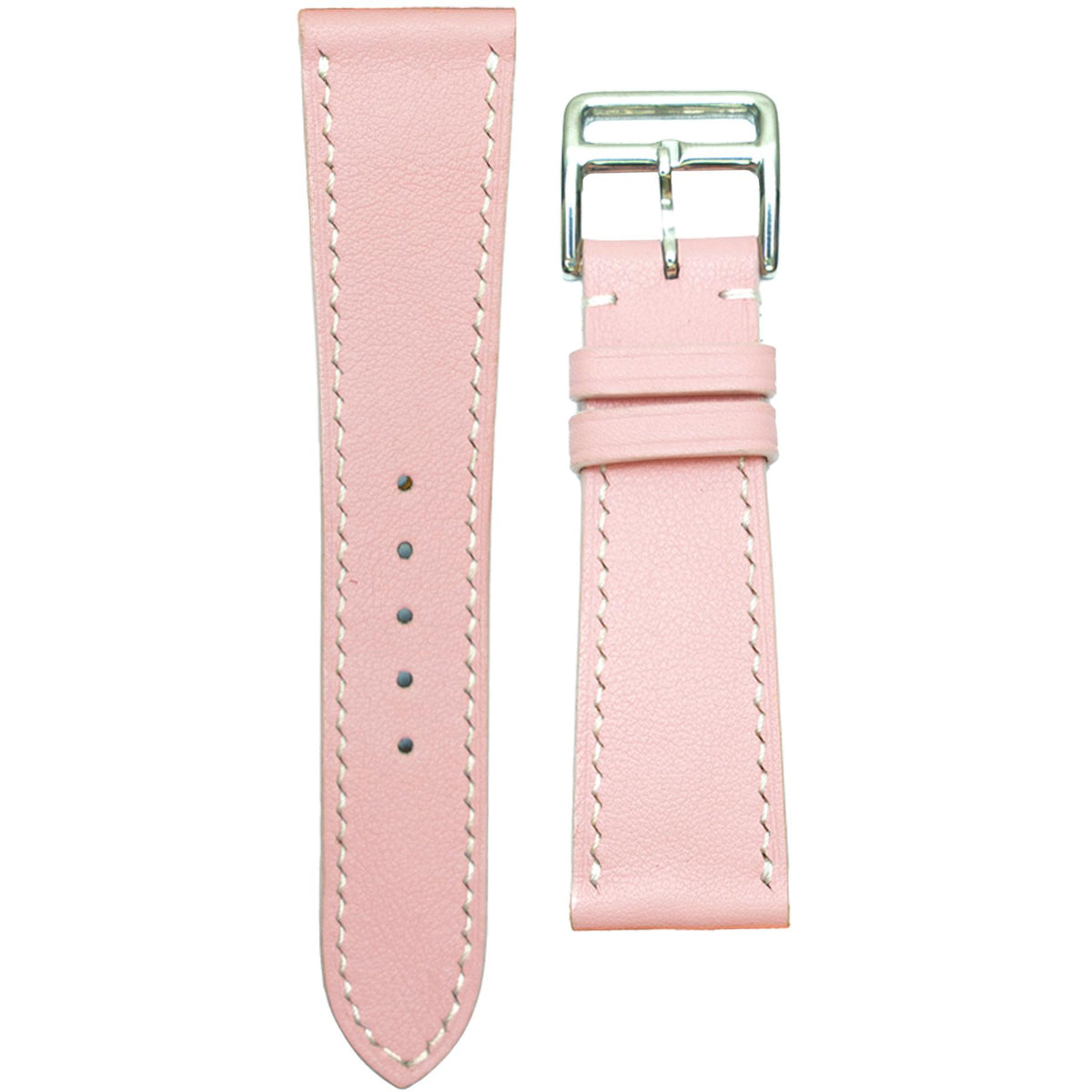 Pink Swift leather watch strap with white stitching and silver buckle, flat lay.