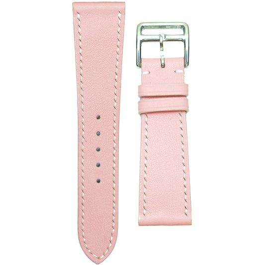 Pink Swift leather watch strap with white stitching and silver buckle, flat lay.