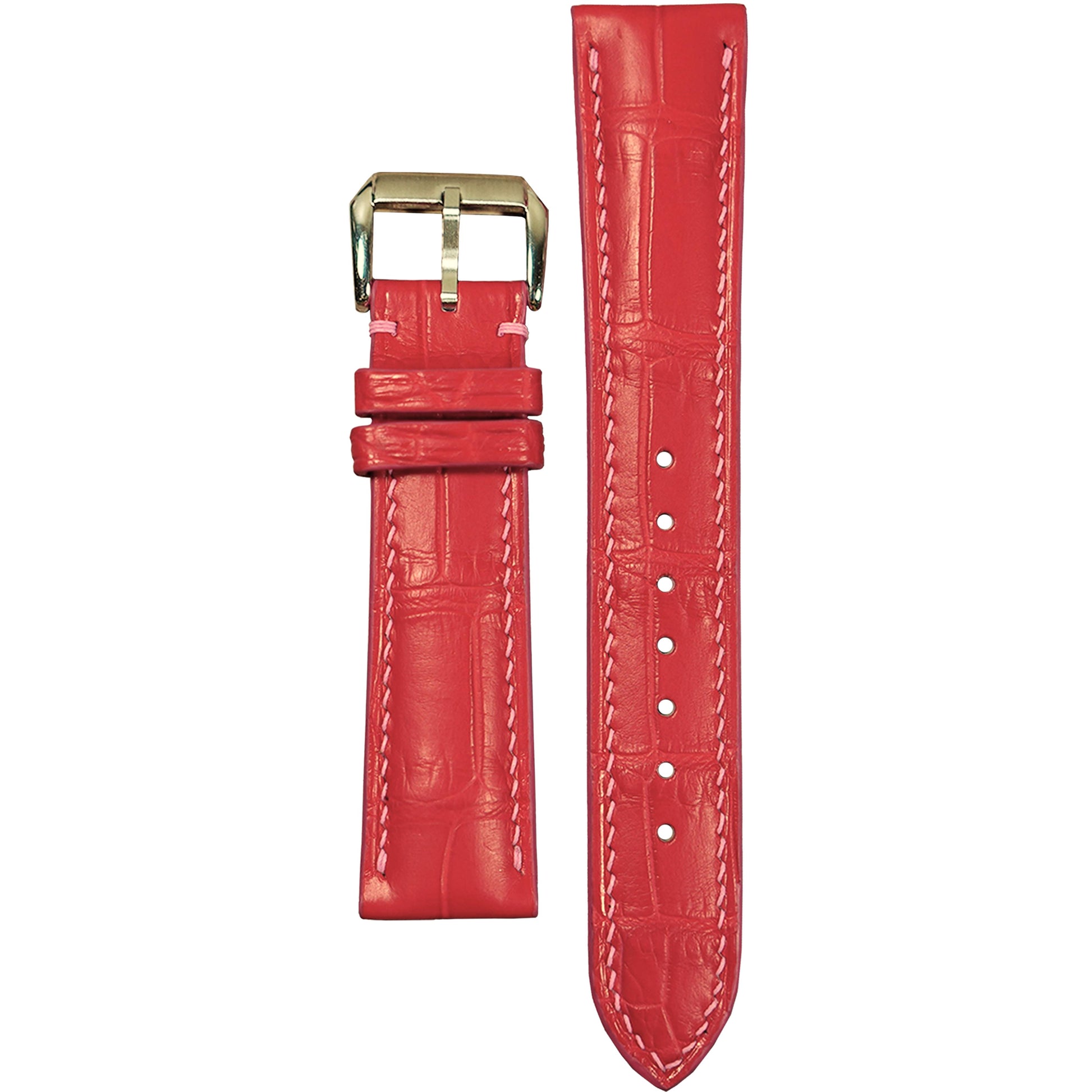 Pink crocodile leather watch strap with light pink stitching and gold buckle, flat lay.