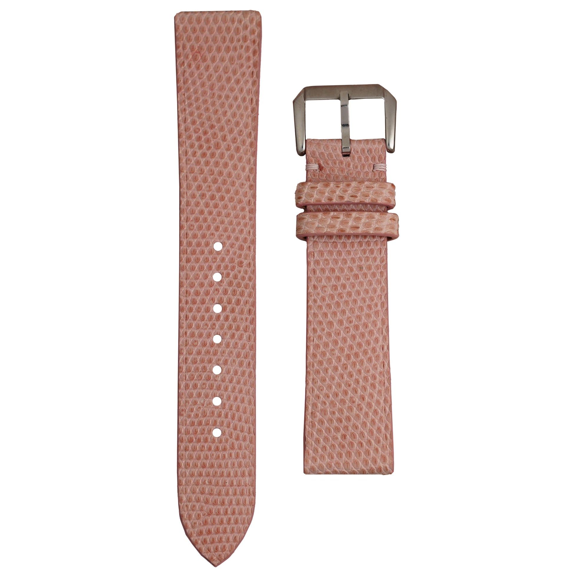 Blush pink lizard leather watch strap with a silver buckle, flat lay.
