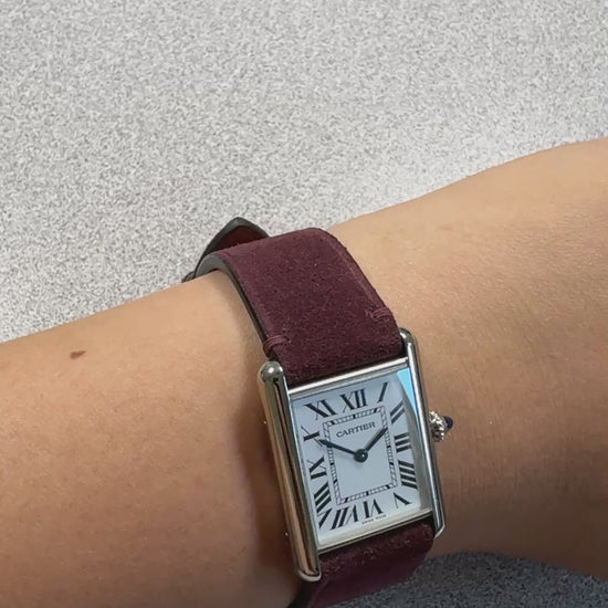 Maroon suede leather strap for Cartier Tank Must, on the wrist