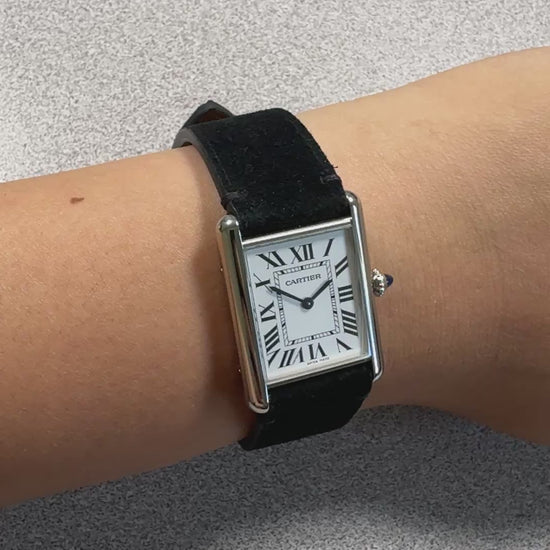 Black suede leather strap for Cartier Tank Must, on the wrist
